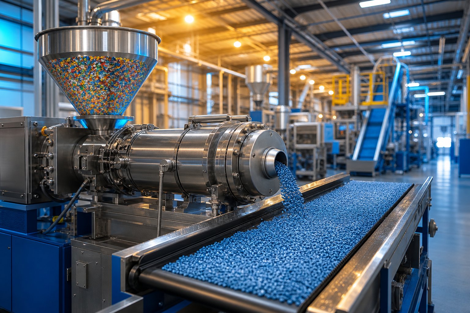 a recycled plastic extrusion line transforms post consumer flake into uniform pellets ready for manufacturing
