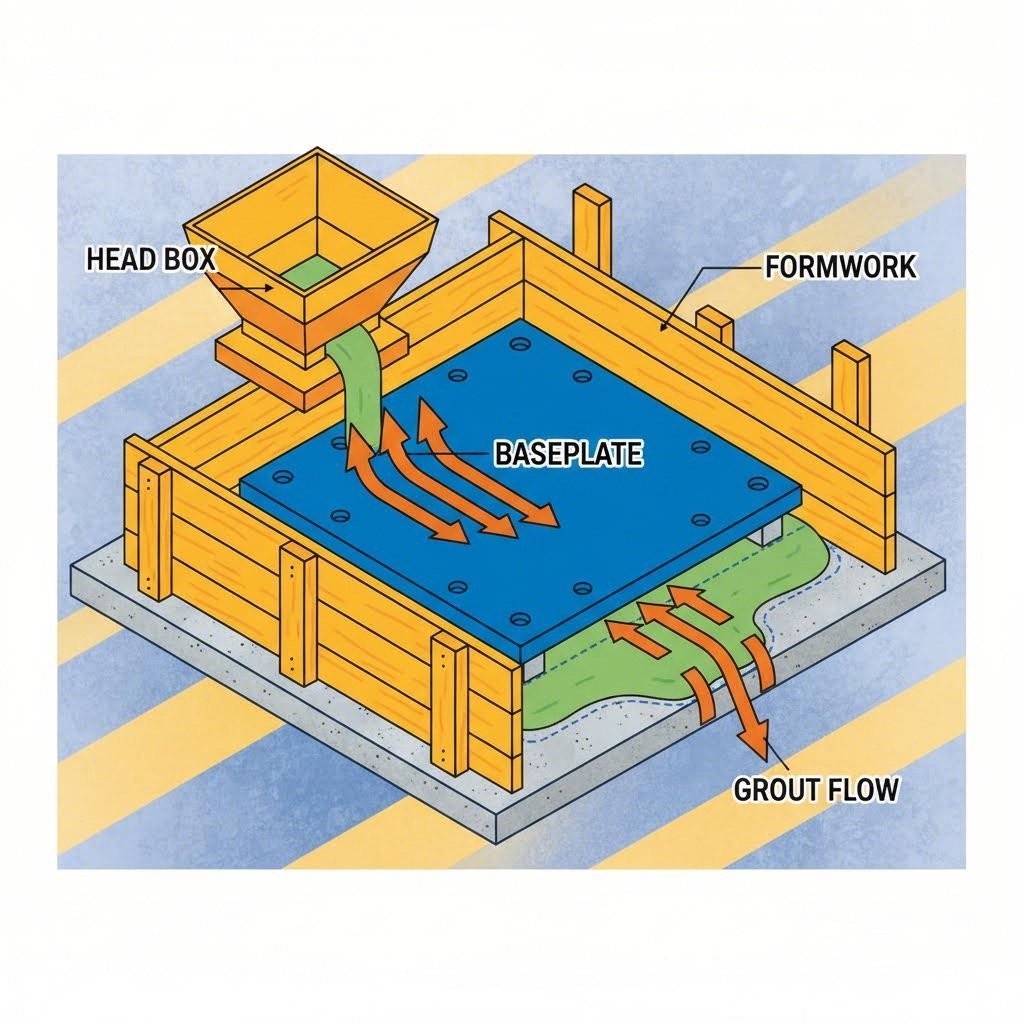 Non-Shrink Grout for Equipment Foundations: Selection & Installation Proper grout placement technique using a head box for flow control