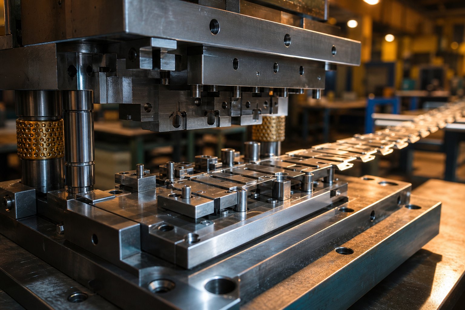 a precision metal stamping die set with hardened tool steel components assembled on guide posts ready for press tryout