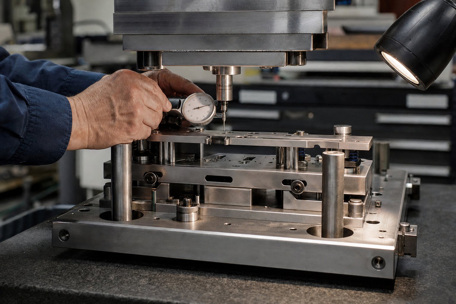 checking punch to die alignment with a dial indicator during final die set assembly on the bench