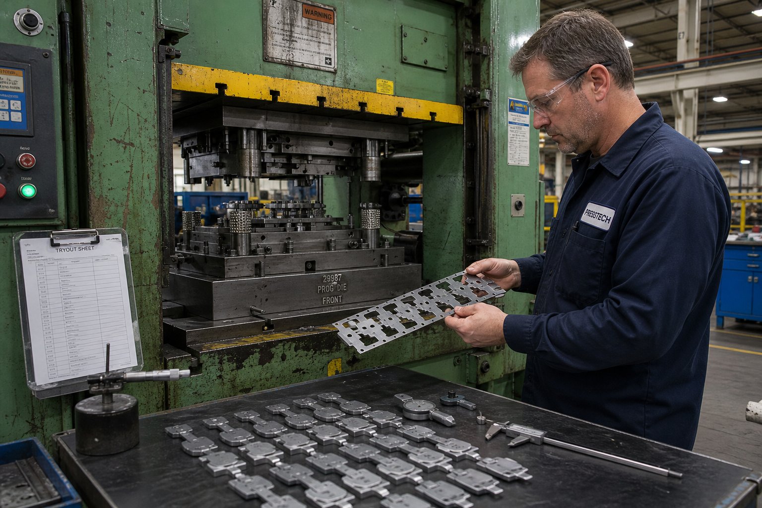 die tryout in progress with sample parts being inspected for burr height and dimensional accuracy at the press