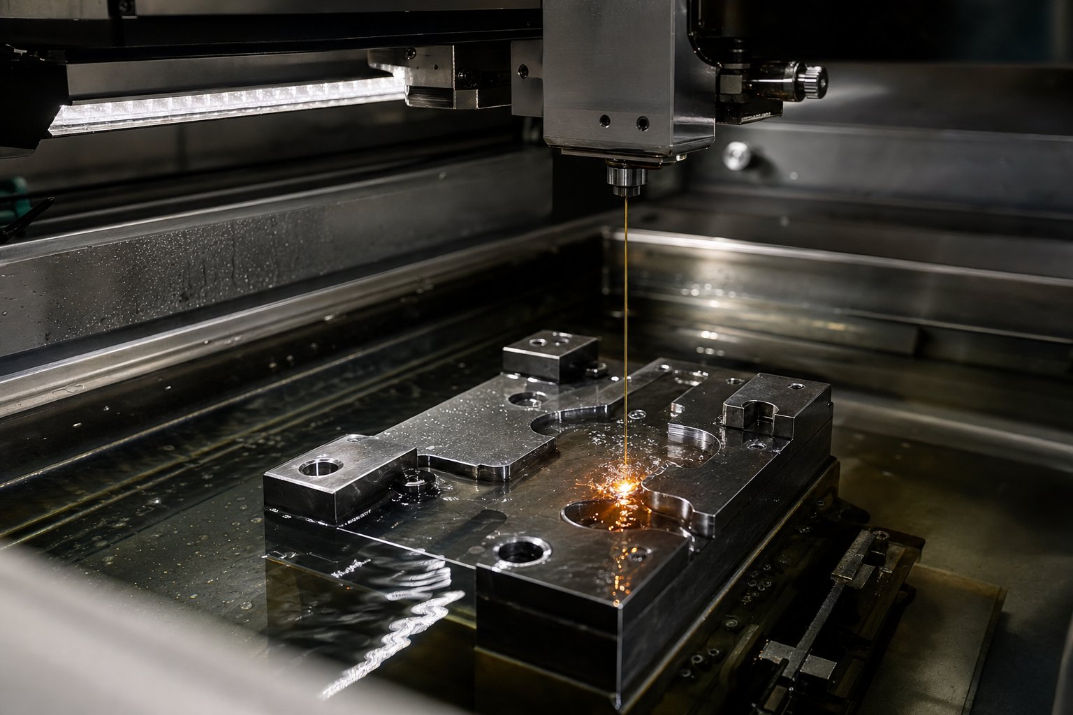 wire edm cutting a complex die profile through hardened tool steel with precision tolerances under 00001 inches