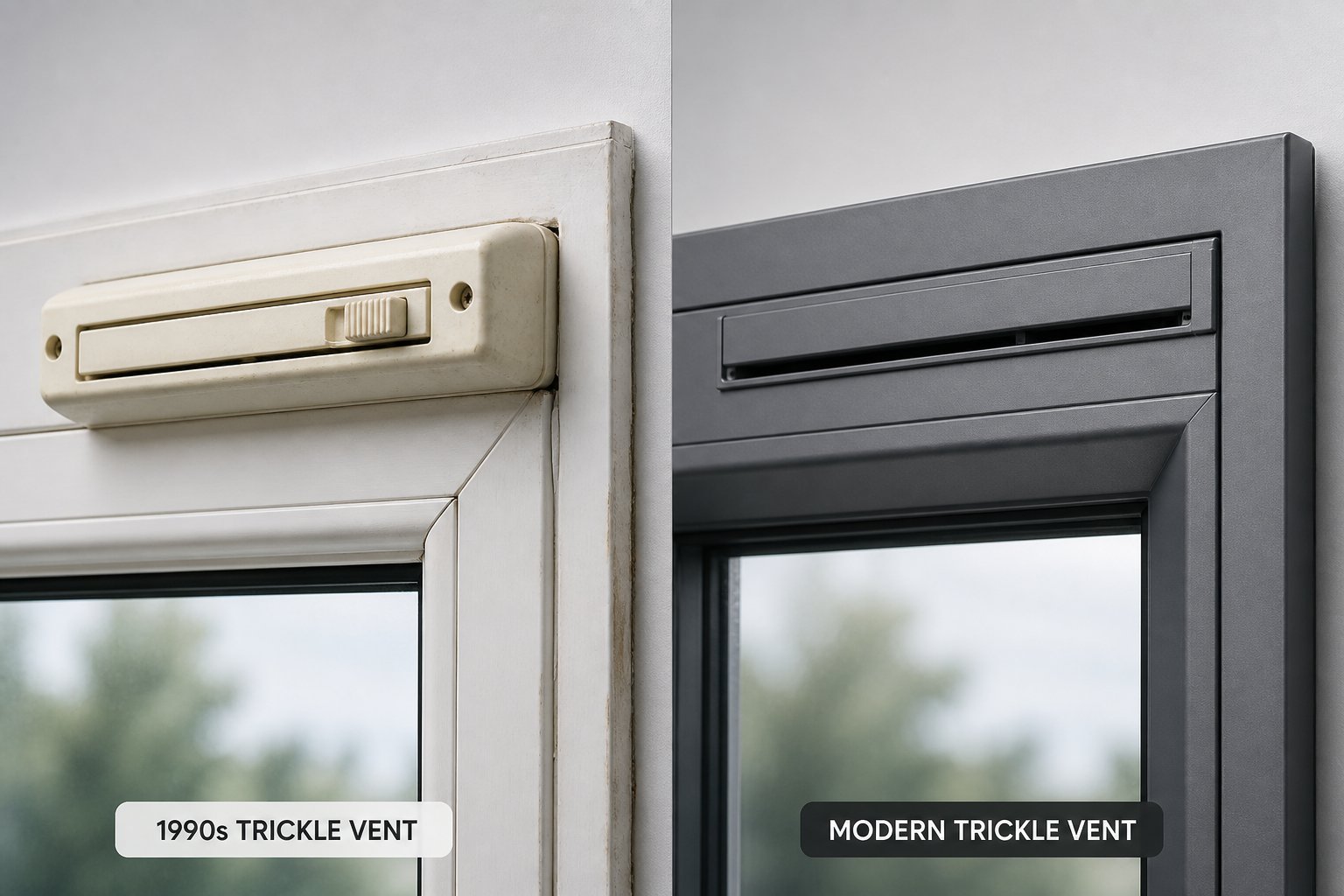 modern flush mounted trickle vent designs compared to older bulky models showing significant improvements in aesthetics and performance