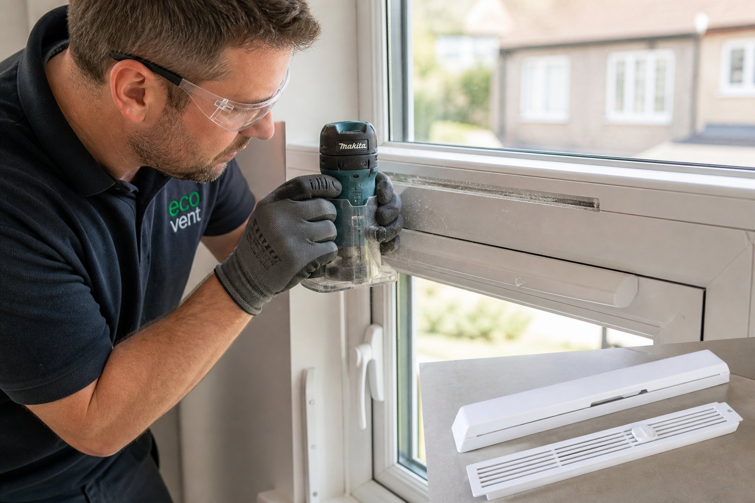 surface mounted trickle vent being retrofitted into an existing upvc window frame without requiring full window replacement