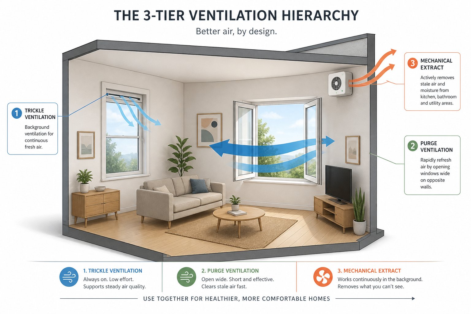the three tier ventilation hierarchy background ventilation from trickle vents purge ventilation from open windows and mechanical extract fans