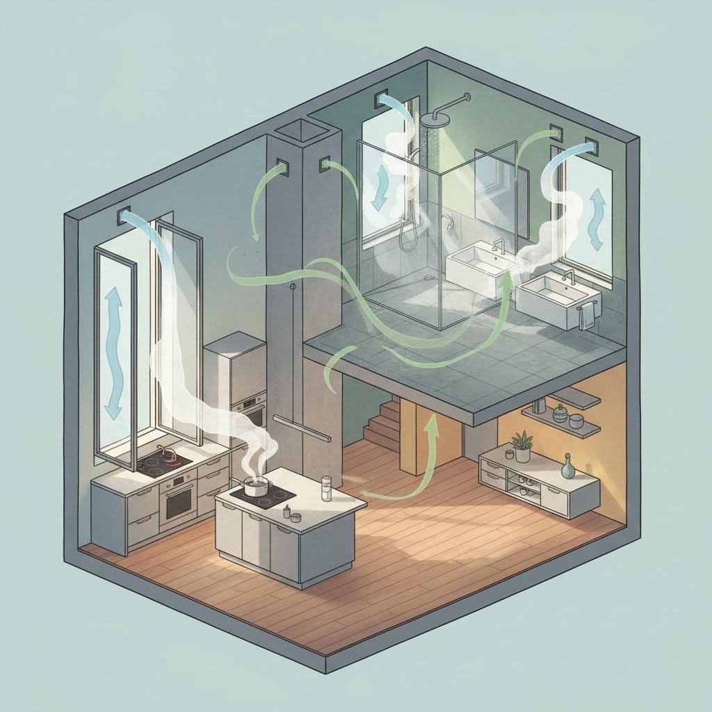 strategic ventilation planning addresses unique moisture challenges in kitchens and bathrooms