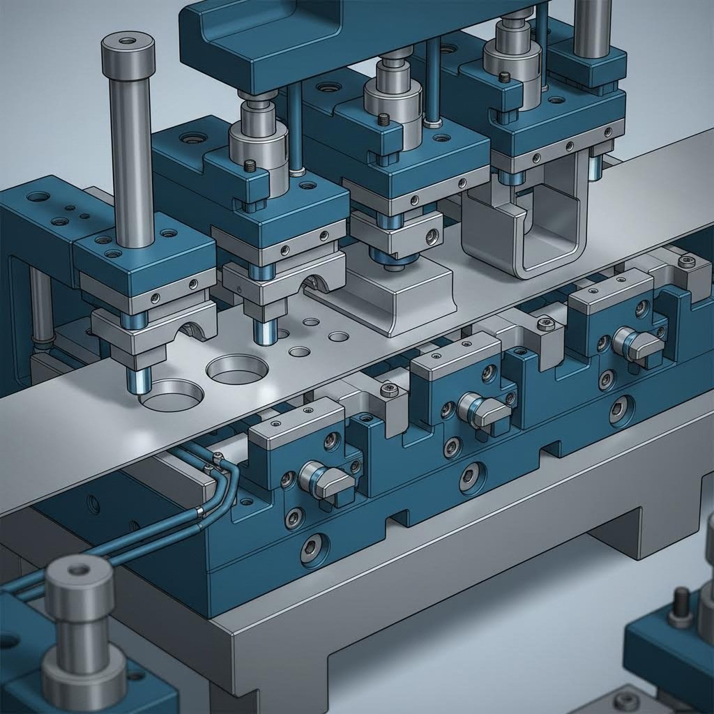 progressive dies process metal through multiple stations in a single continuous operation for high volume production