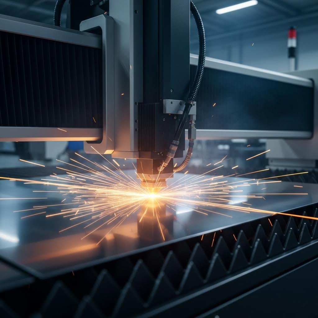 fiber laser cutting machine precisely processing metal sheet in modern manufacturing facility