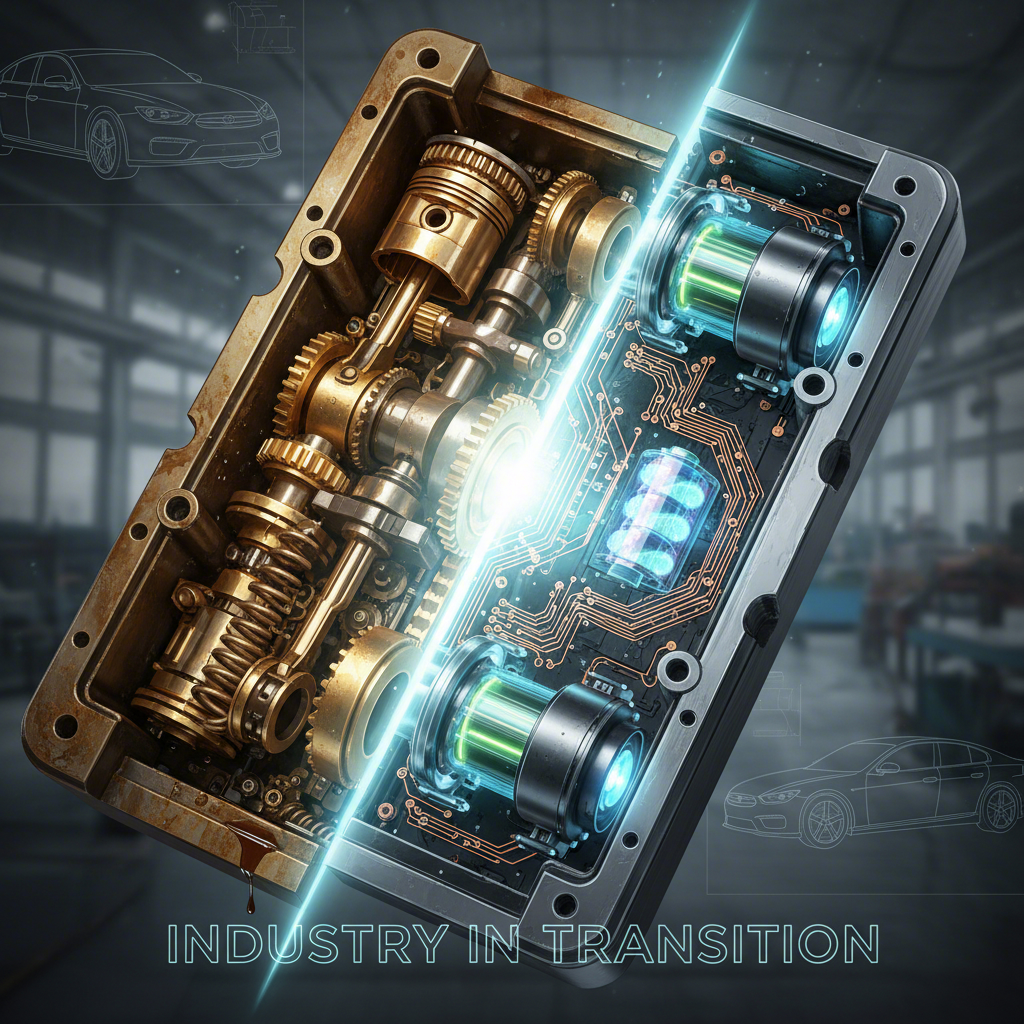 abstract visualization of the automotive die industrys evolution from mechanical to electric vehicle technology