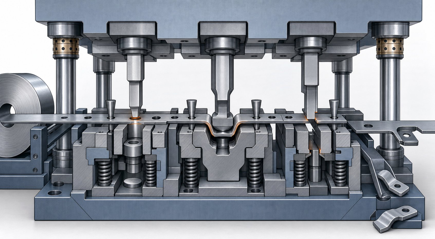 info-1-1 metal strip advancing through progressive die stations where each stroke performs sequential piercing forming and cutoff operations