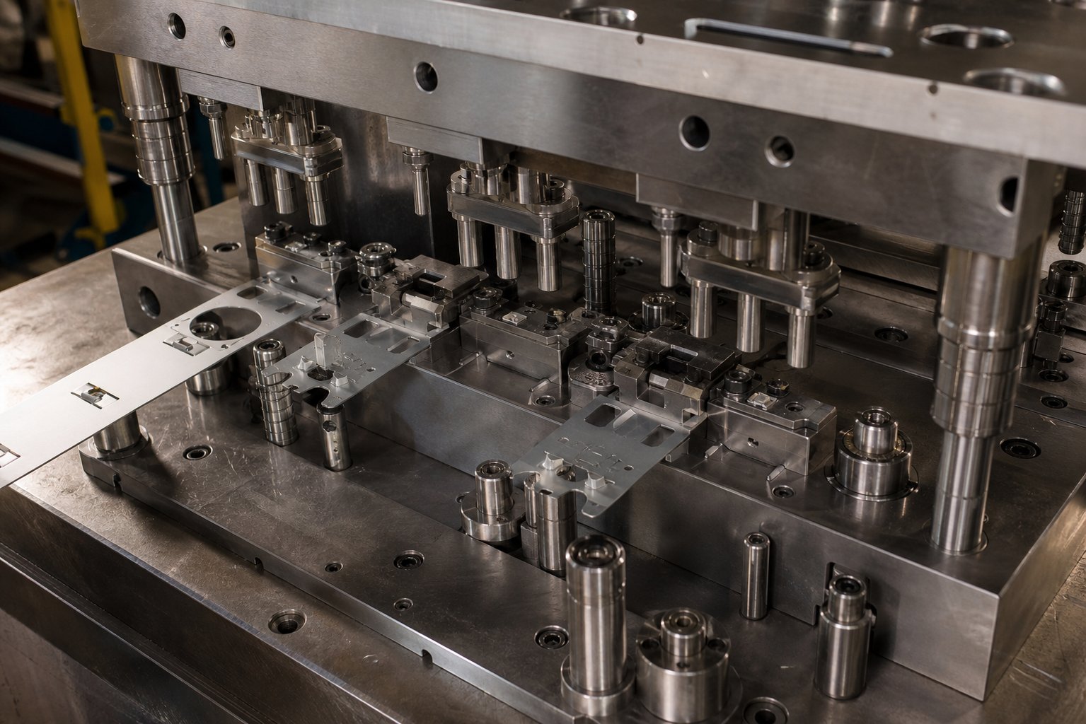 info-1-1 progressive die assembly showing multiple sequential workstations that transform flat metal strip into finished components
