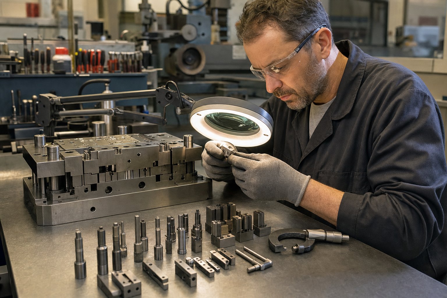 info-1-1 toolmaker inspecting progressive die components during preventive maintenance to ensure consistent production quality