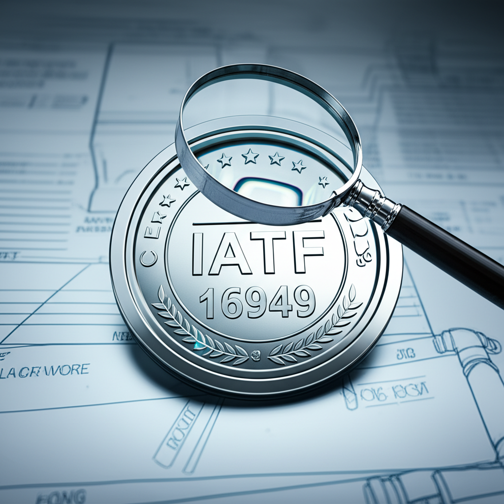 an abstract representation of vetting an auto parts manufacturer by verifying quality certifications