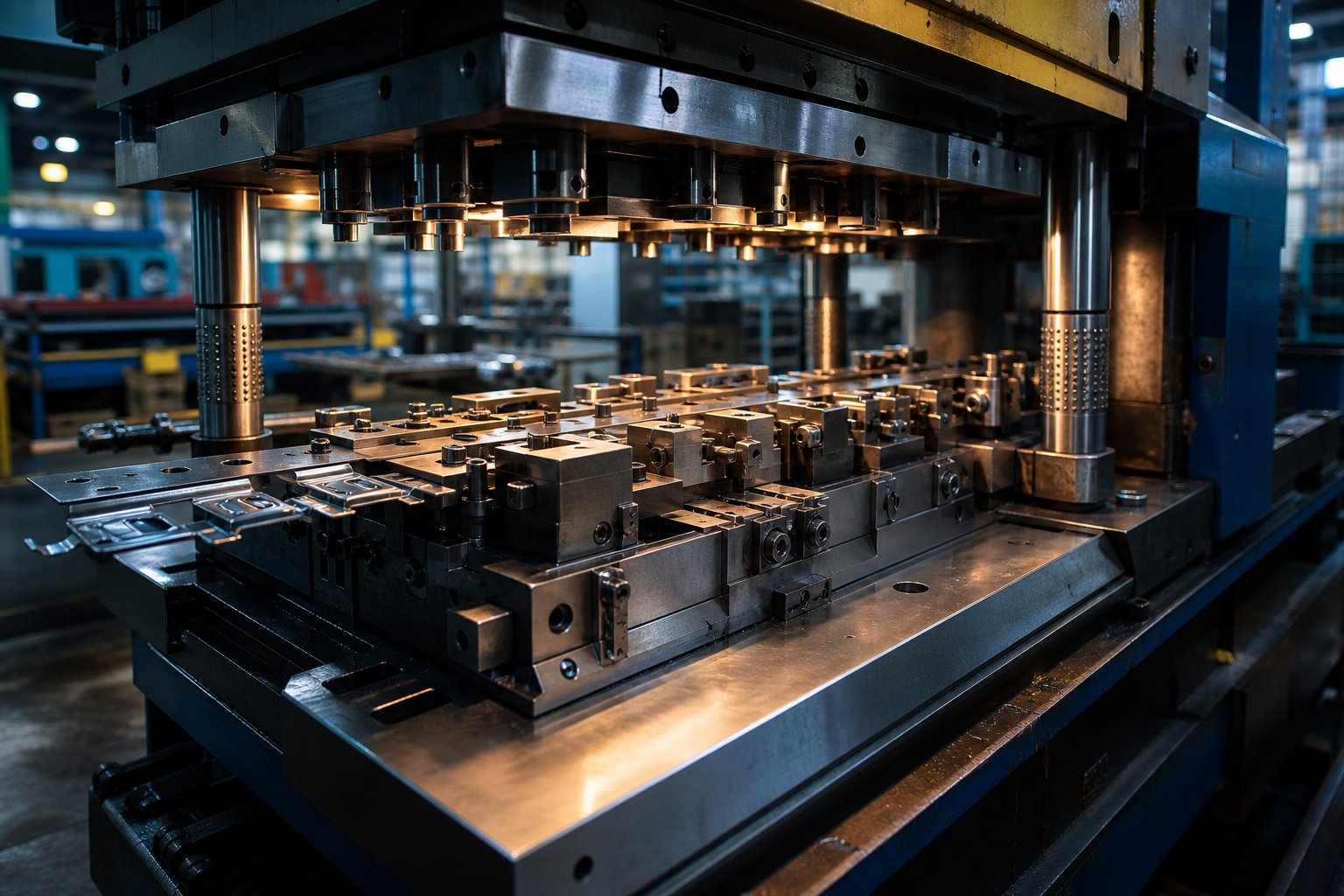 progressive stamping die with multiple stations showing the precision engineering that determines tooling price
