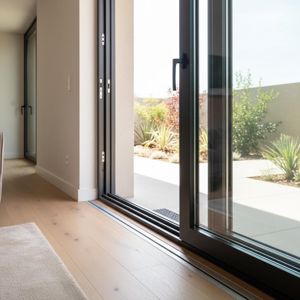 aluminum sliding door track system demonstrating smooth operation and integrated hardware design