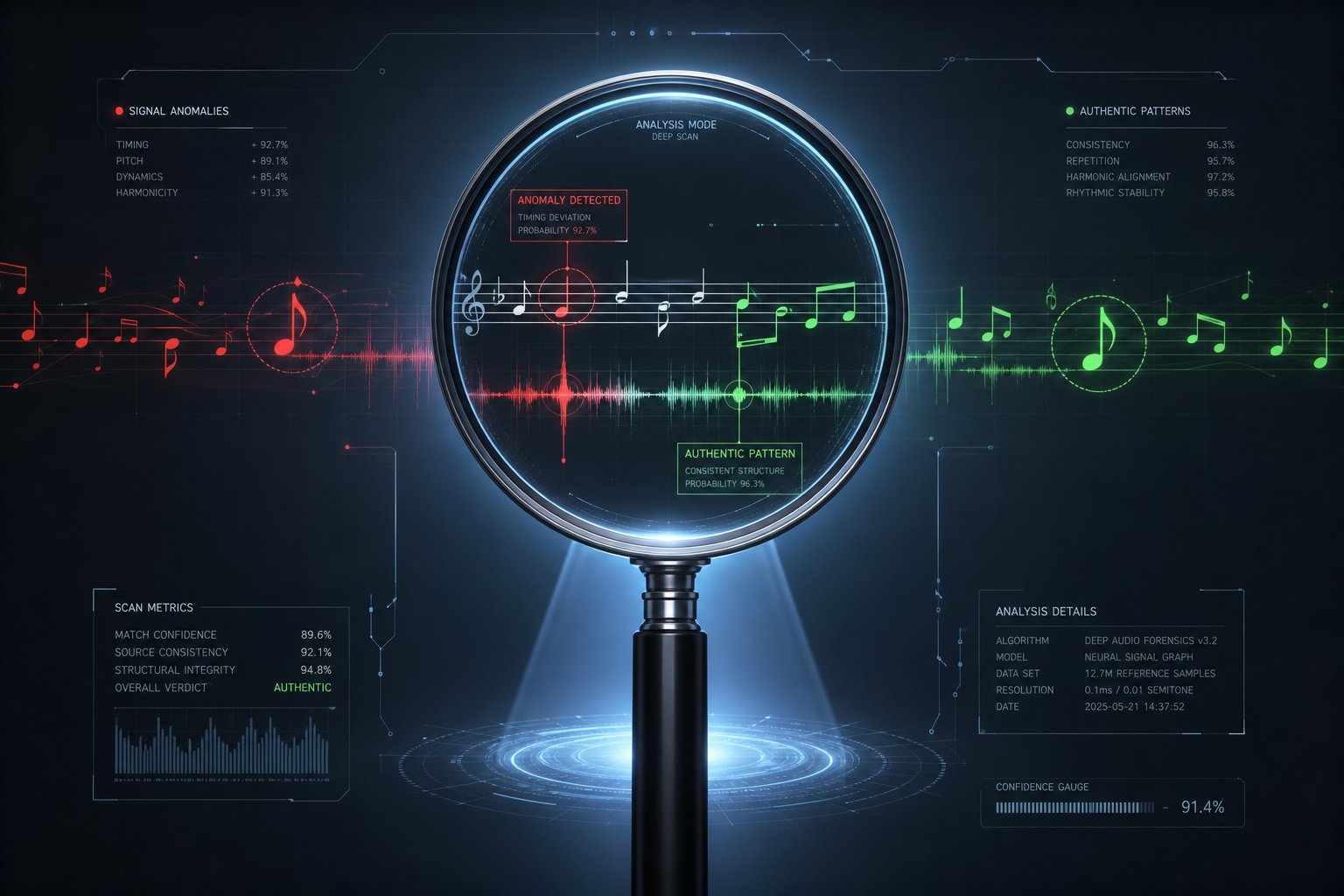 ai detection tools scan audio for spectral artifacts and statistical patterns that reveal machine generated music