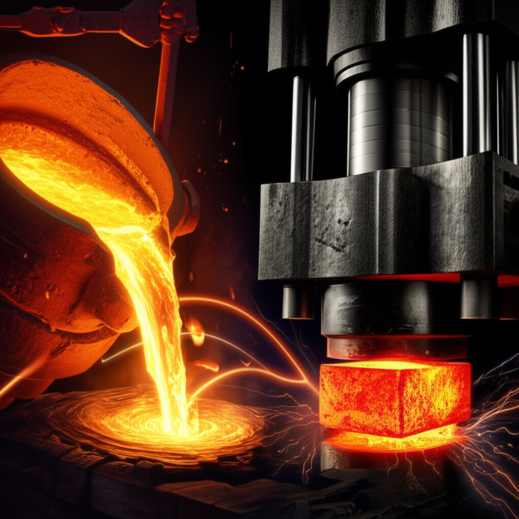 conceptual illustration of the casting process versus the forging process in metalworking