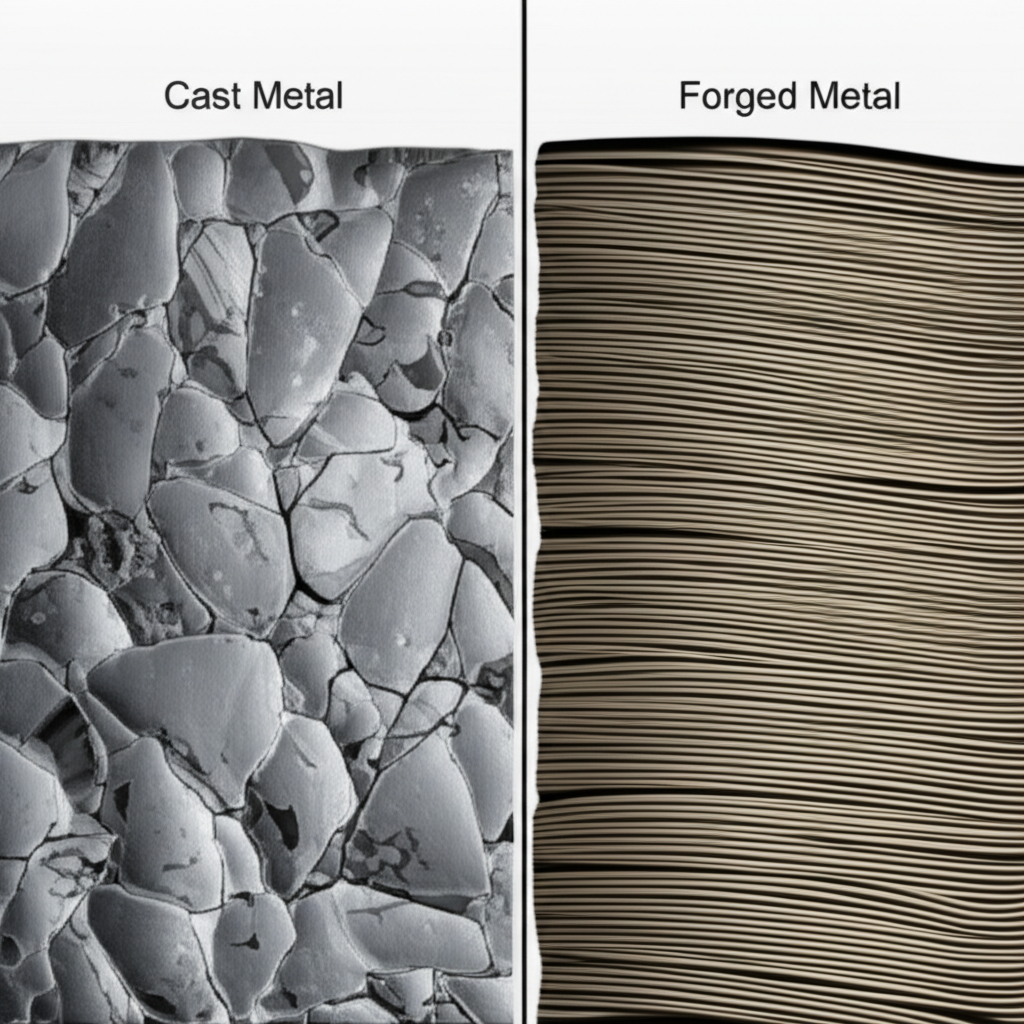 diagram showing the difference in metal grain structure between casting and forging