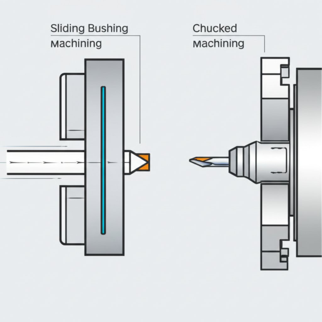 diagram showing the core mechanical difference between swiss and conventional turning support