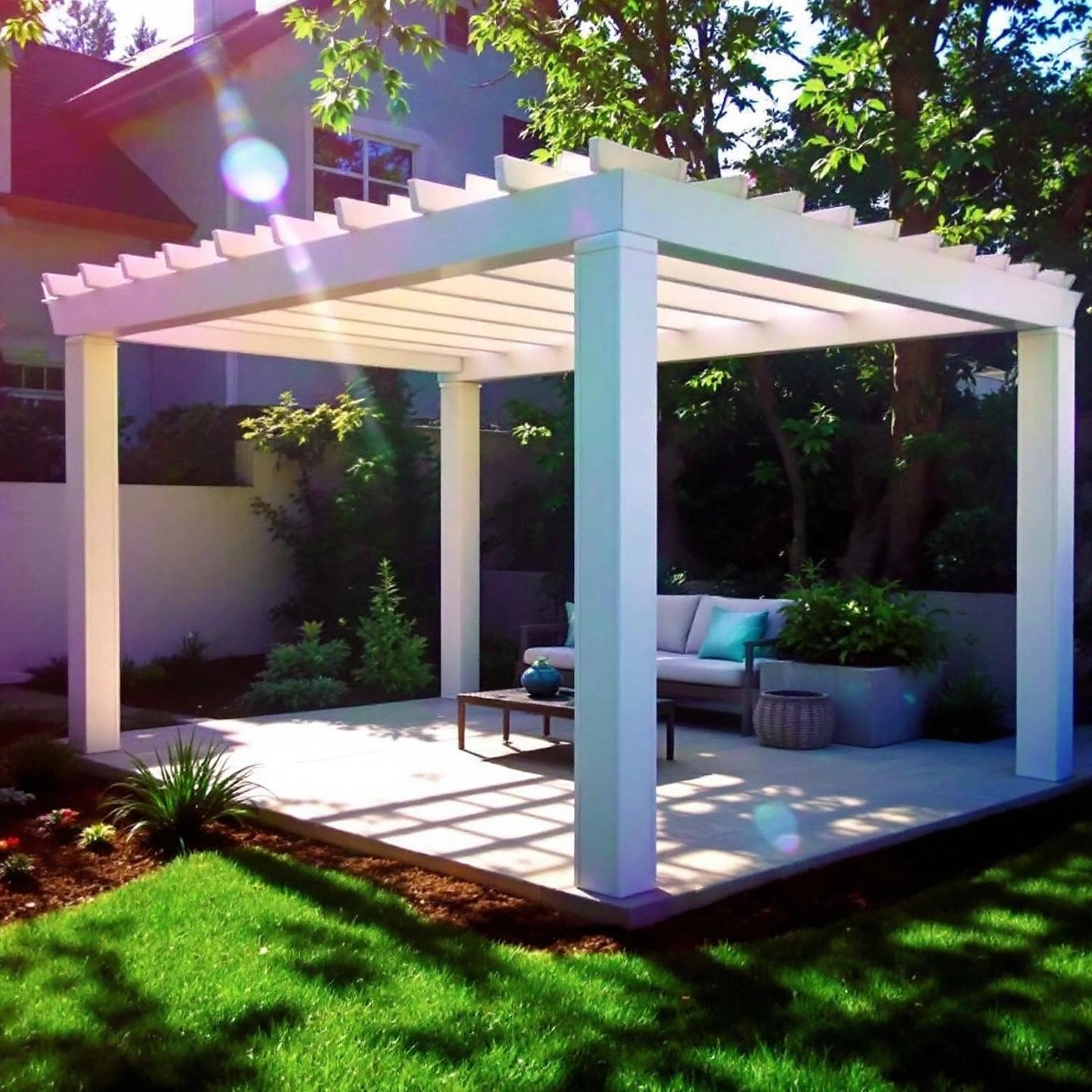 aluminum pergola offering durability and contemporary style in a landscaped garden