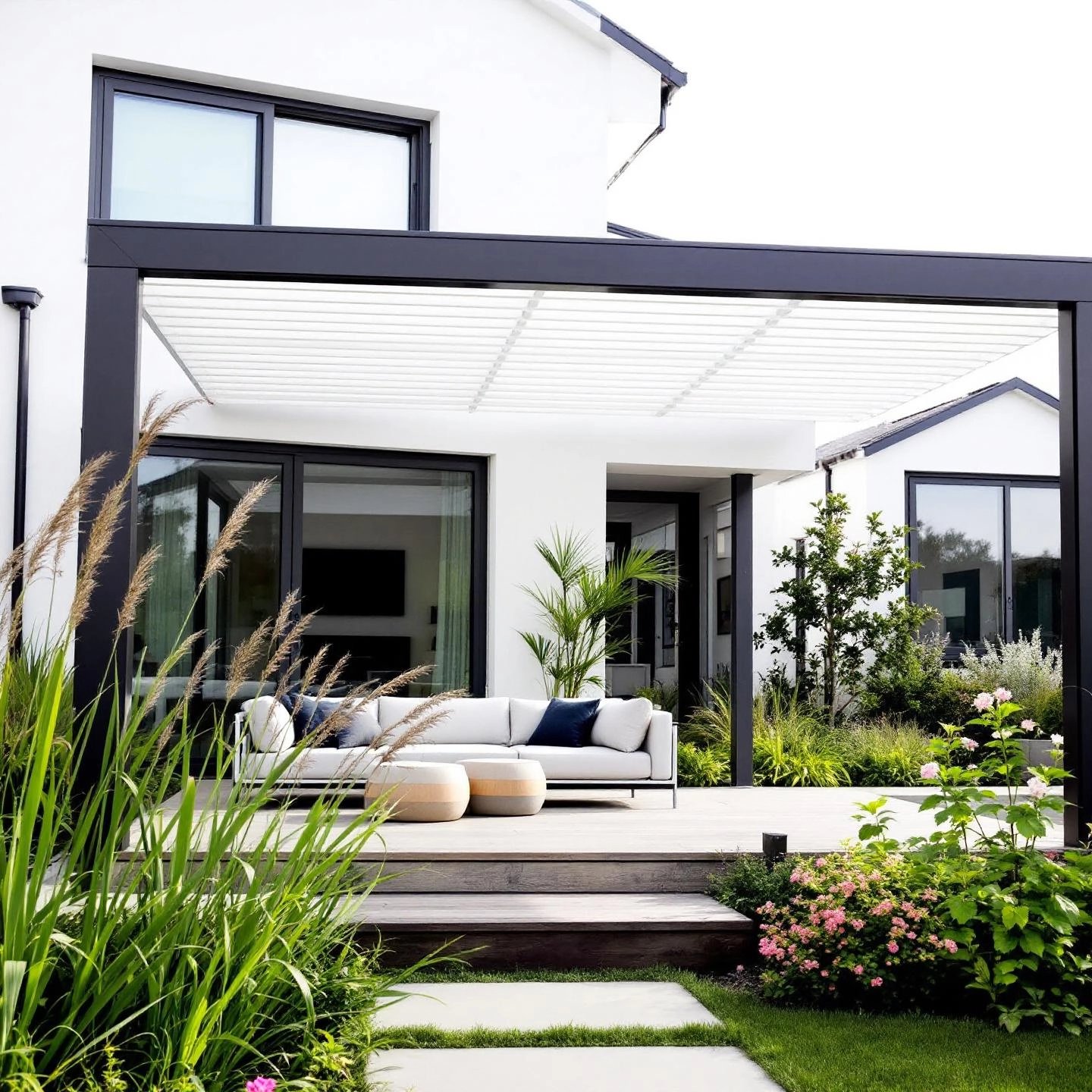 modern aluminum pergola enhancing a stylish backyard outdoor living area