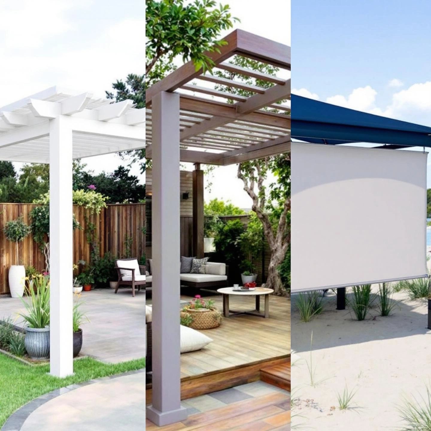 three aluminum pergola roof styles fixed louvered and canopy shown in varied outdoor settings