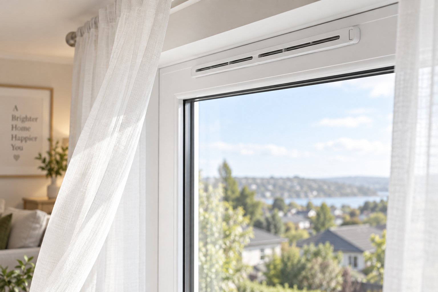 a trickle vent fitted into the frame head of a modern double glazed window provides controlled background ventilation