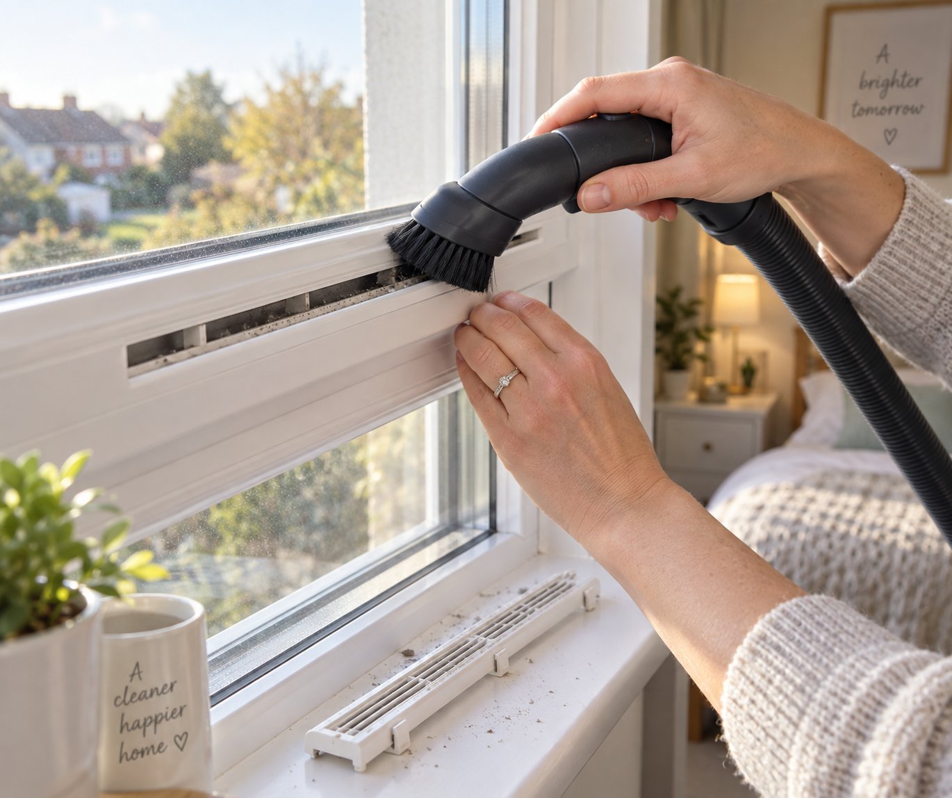 cleaning a trickle vent slot with a soft brush vacuum attachment during routine maintenance