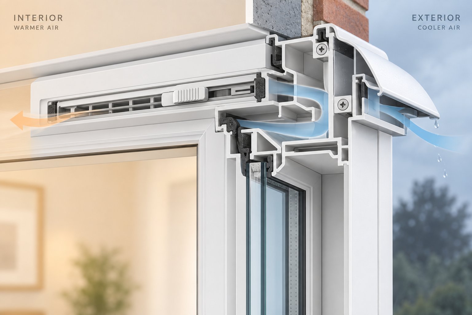 cross section view of a slot trickle vent installed in a double glazed window frame head