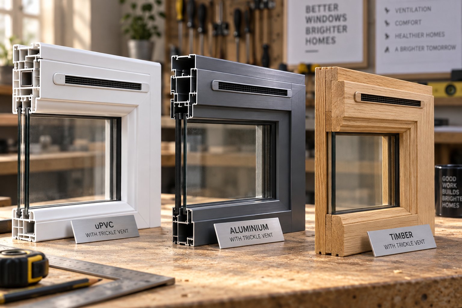 upvc aluminium and timber window frame profiles each showing a routed trickle vent slot