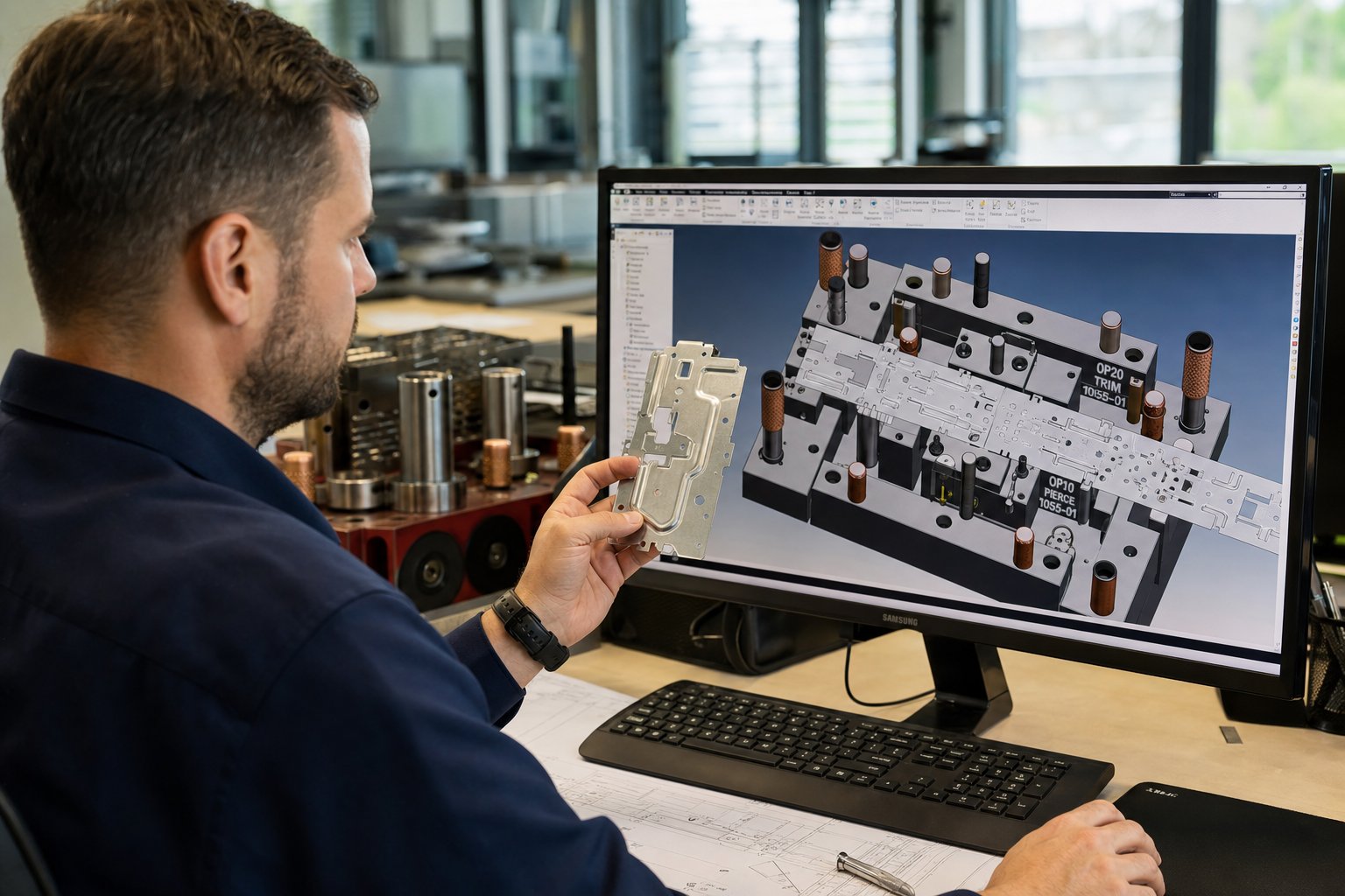 engineer evaluating progressive die design specifications against finished part requirements during the tooling decision process