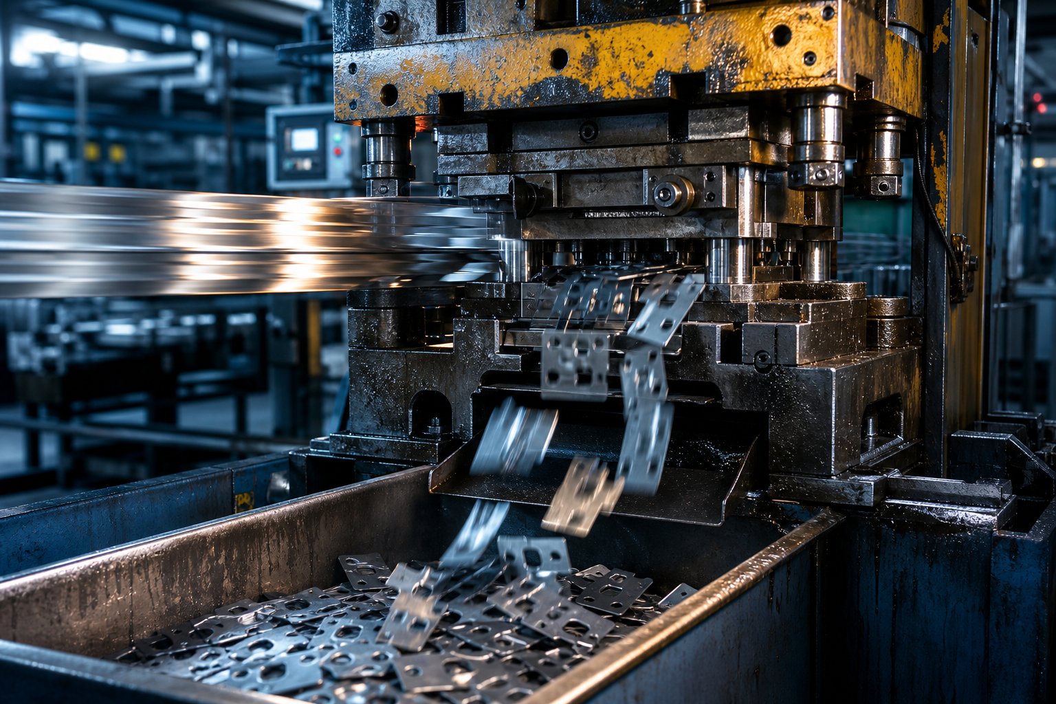 high speed progressive stamping press producing hundreds of finished metal parts per minute through continuous strip feeding