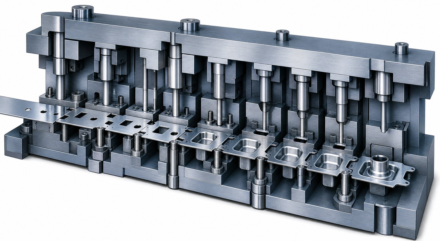 metal strip advancing through progressive die stations where each position performs a different forming operation
