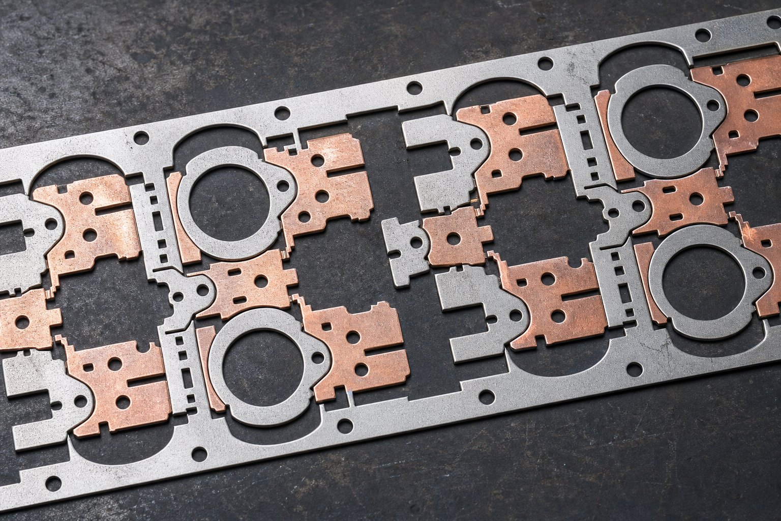 optimized strip layout showing how progressive die nesting minimizes material waste between stamped parts