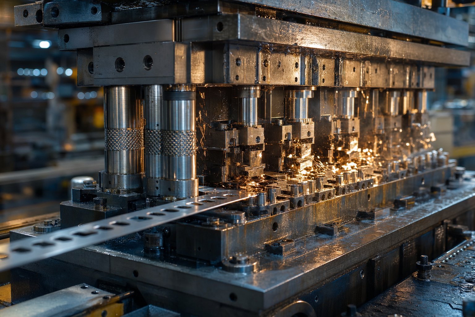 progressive die stamping press forming metal parts through sequential stations in a single continuous operation