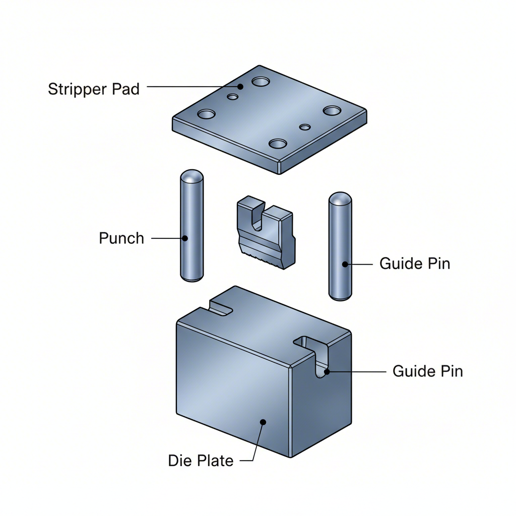 exploded diagram showing the fundamental components of a stamping die