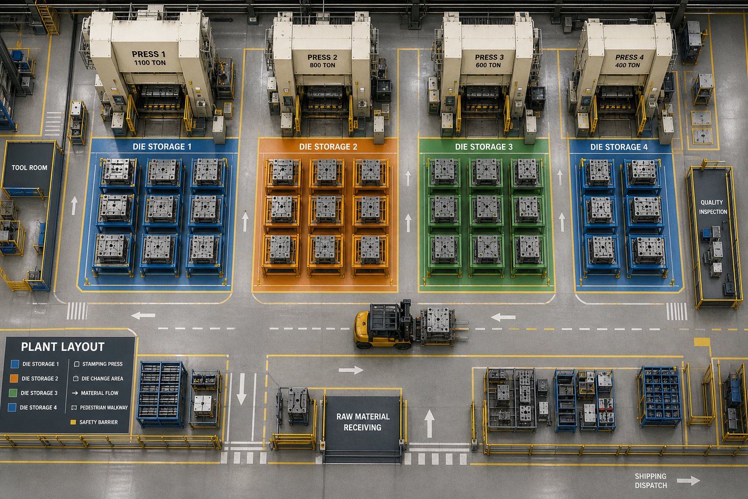 color coded die storage zones positioned near stamping presses for efficient changeover workflow