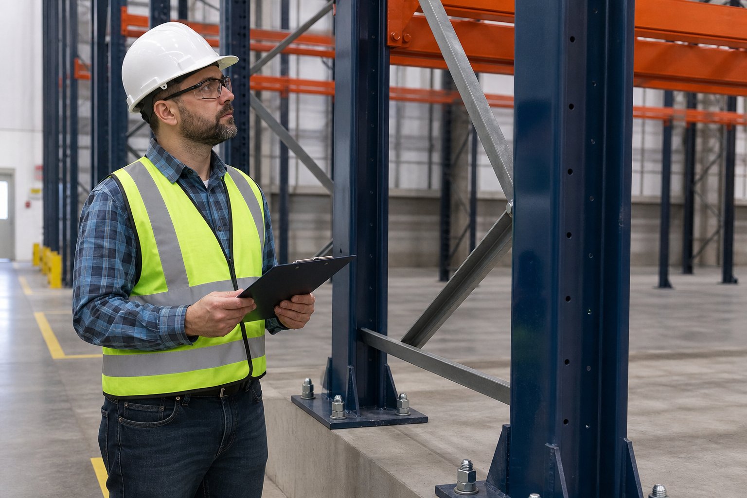engineering inspection of die storage rack base plates and structural connections for safety compliance
