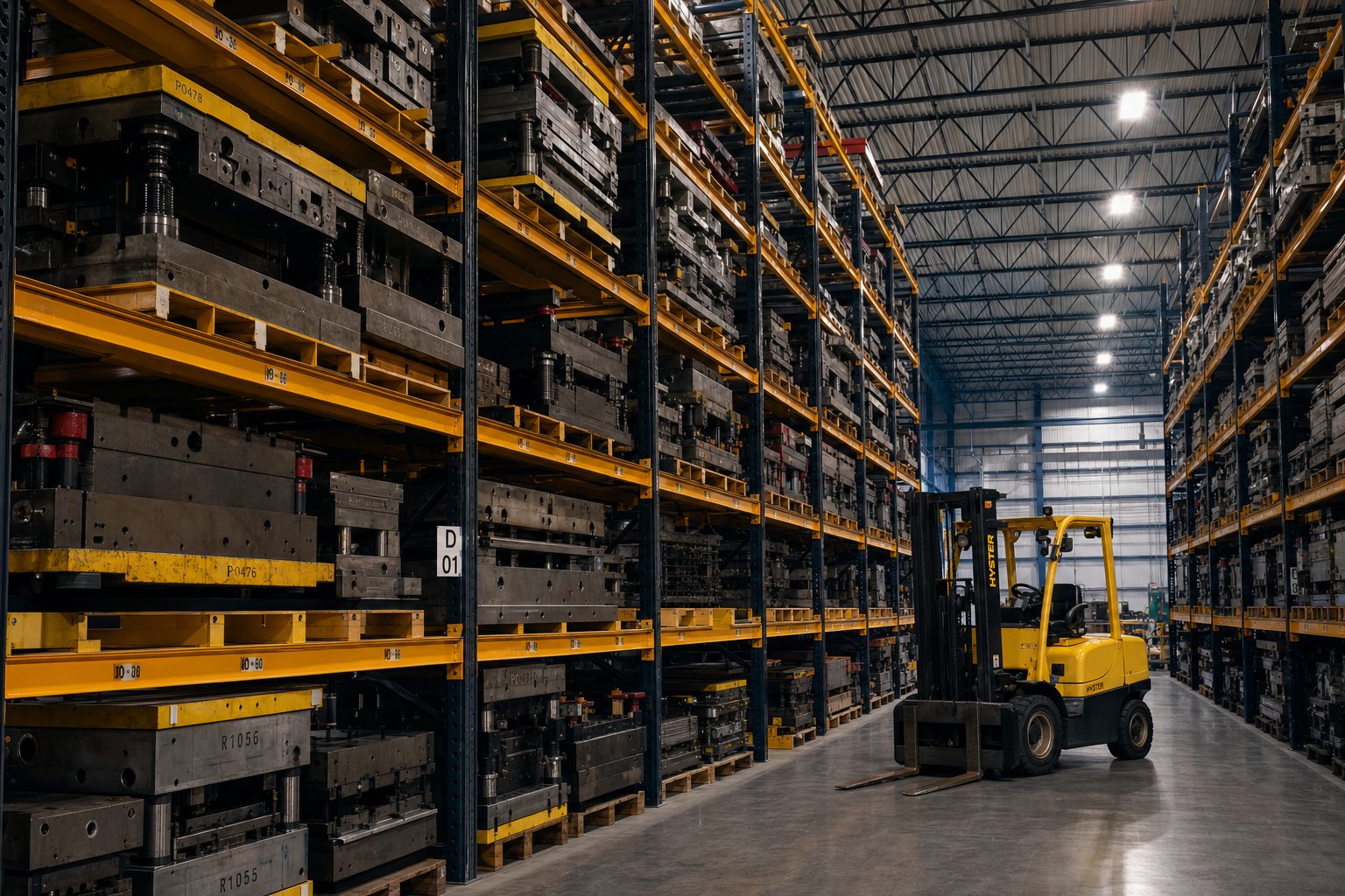 purpose built stamping die storage racks organizing heavy tooling in a structured industrial facility