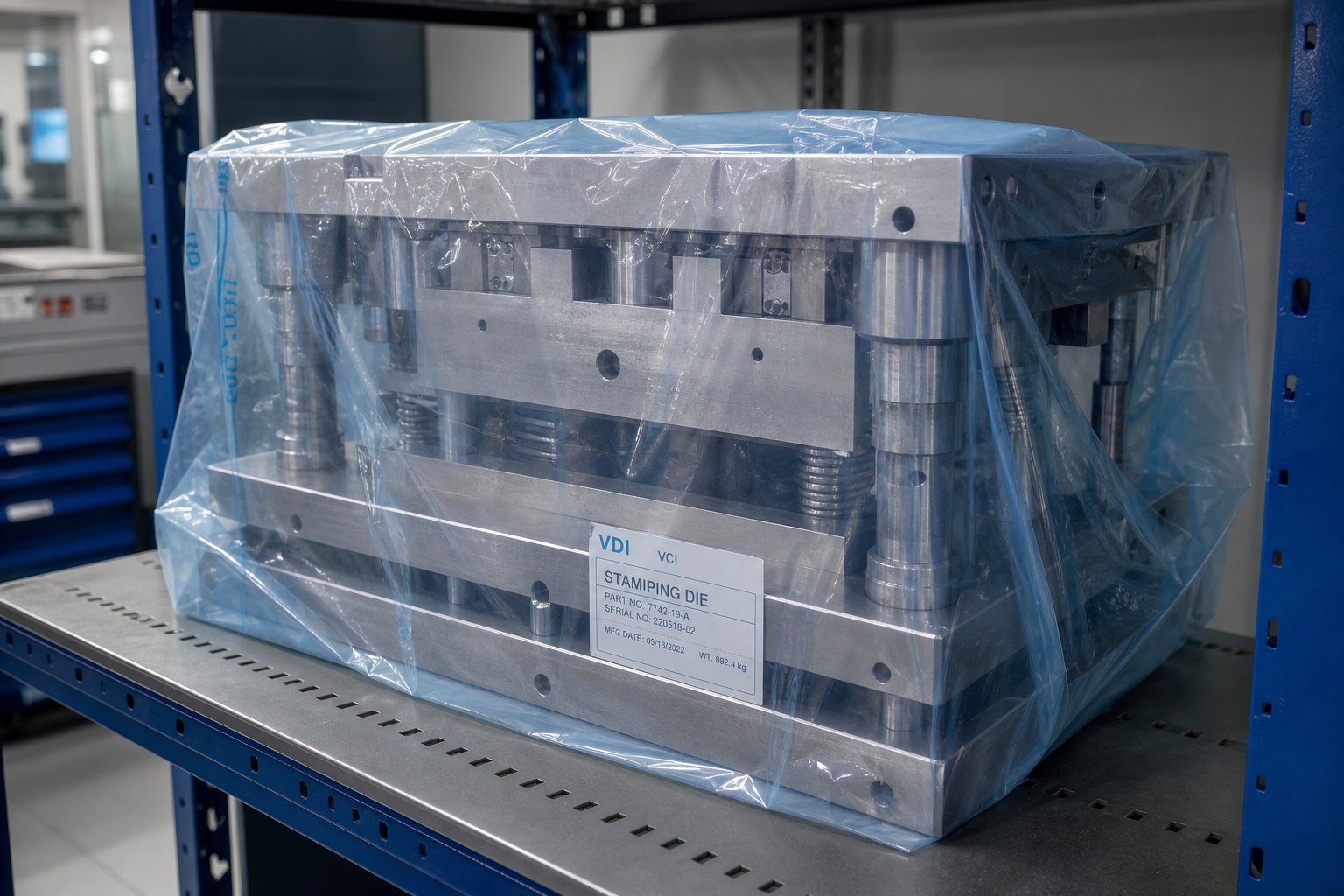 stamping die protected with vci film and corrosion preventive coating during storage between production runs