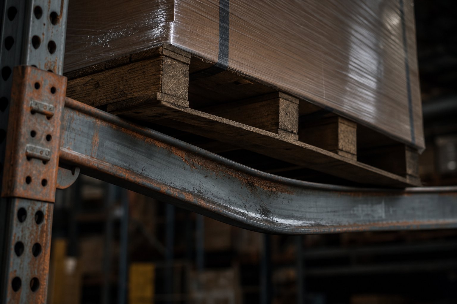 standard pallet rack beam showing dangerous deflection under concentrated point loads from heavy tooling
