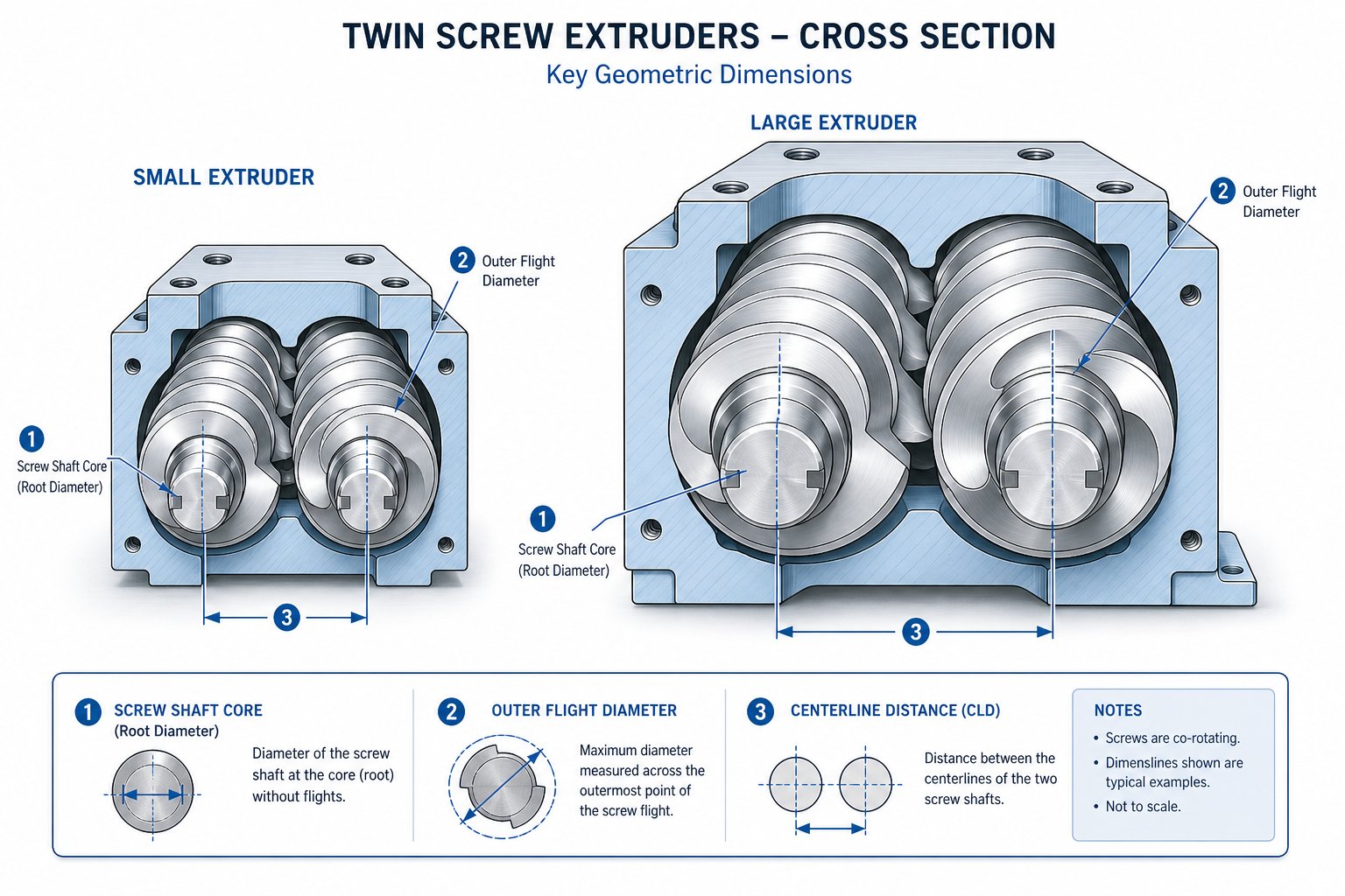 cross section comparison showing how screw geometry and centerline distance define torque density across different extruder sizes
