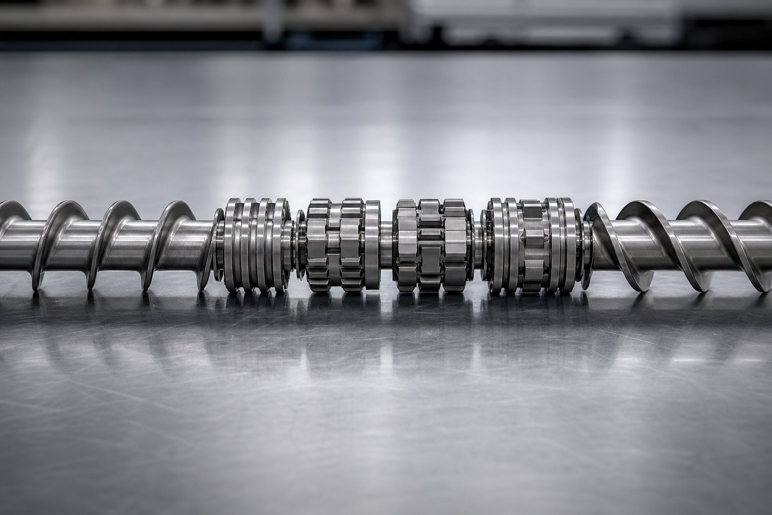 individual screw elements from conveying flights to kneading blocks each generating different levels of torque demand