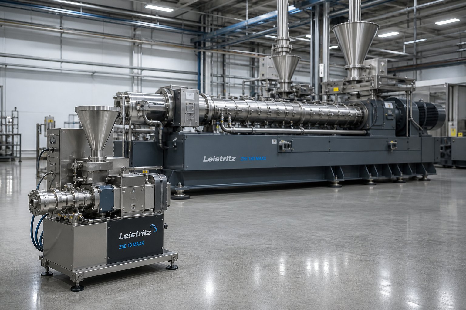 pilot scale and production scale twin screw extruders illustrating the geometric similarity challenge in torque scale up