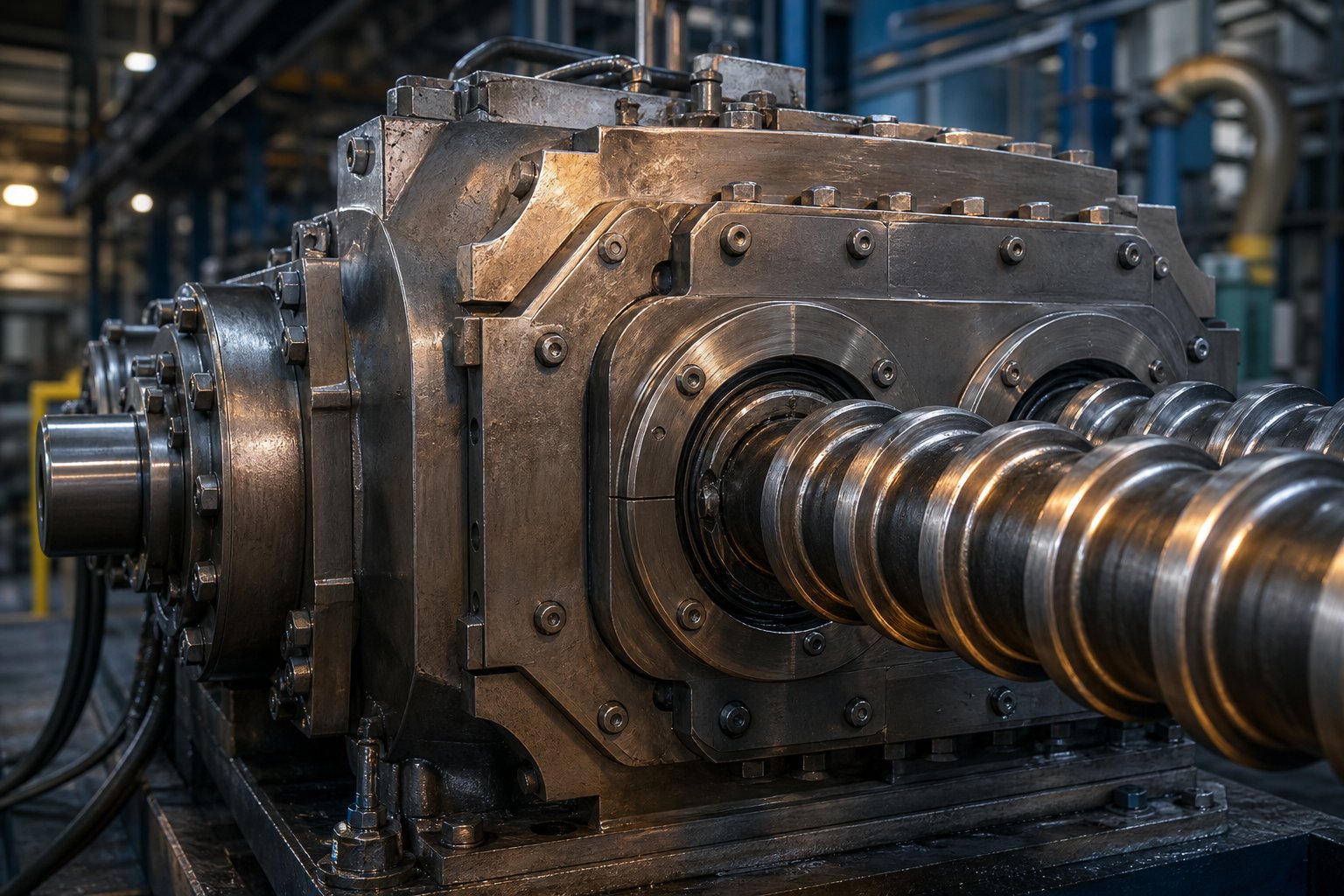 twin screw extruder gearbox and shaft assembly where torque calculation determines safe mechanical operating limits