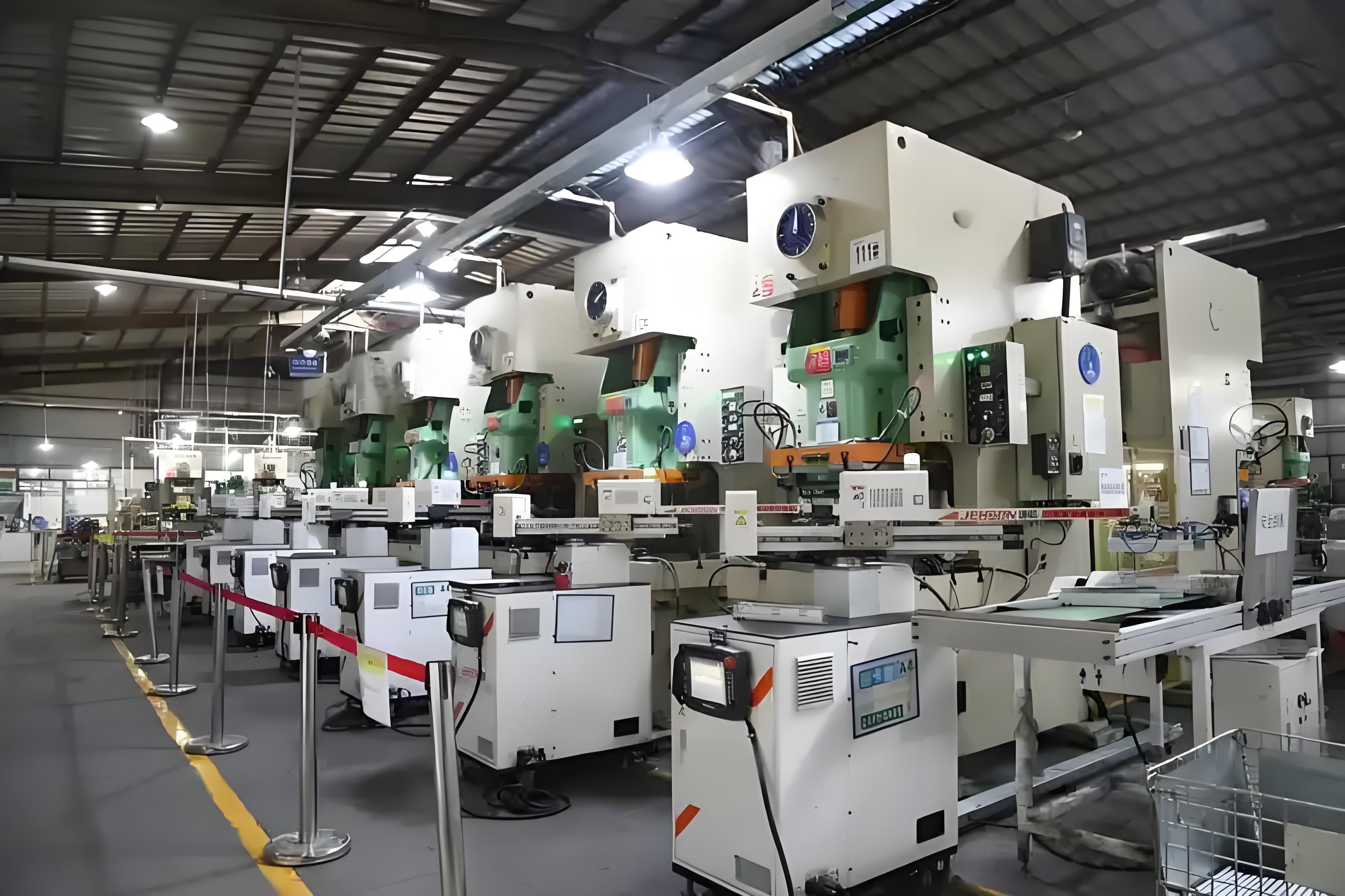 automotive metal stamping production scene with diverse stamped parts and advanced equipment