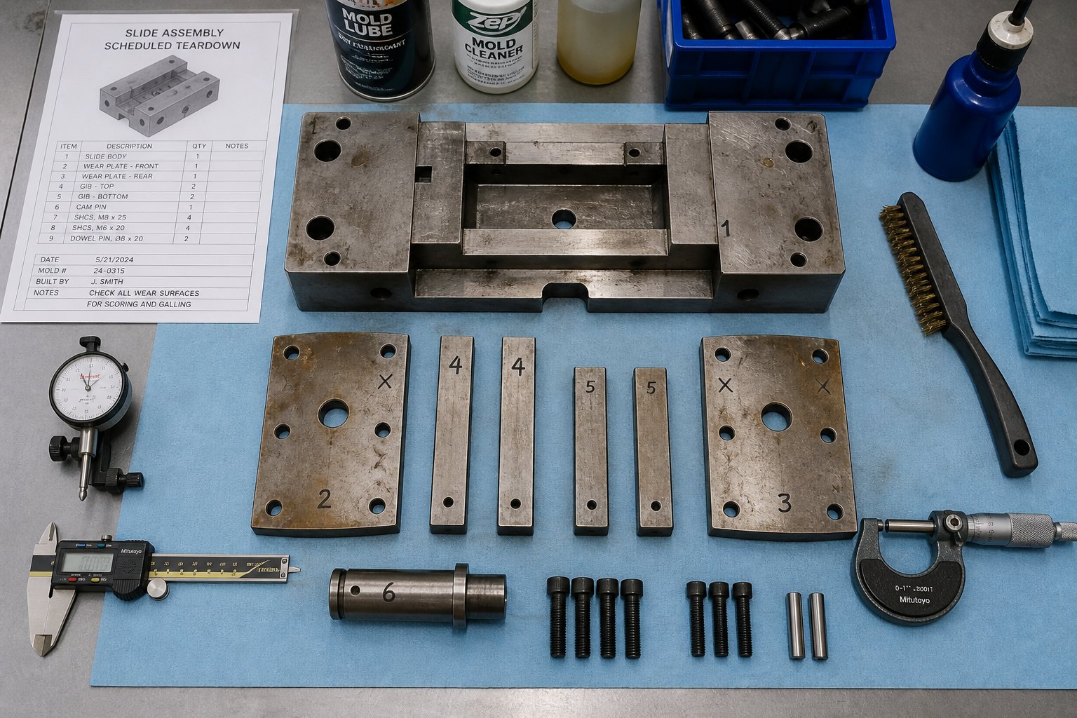 disassembled slide mechanism components during scheduled mold maintenance showing wear on cam pins and plates