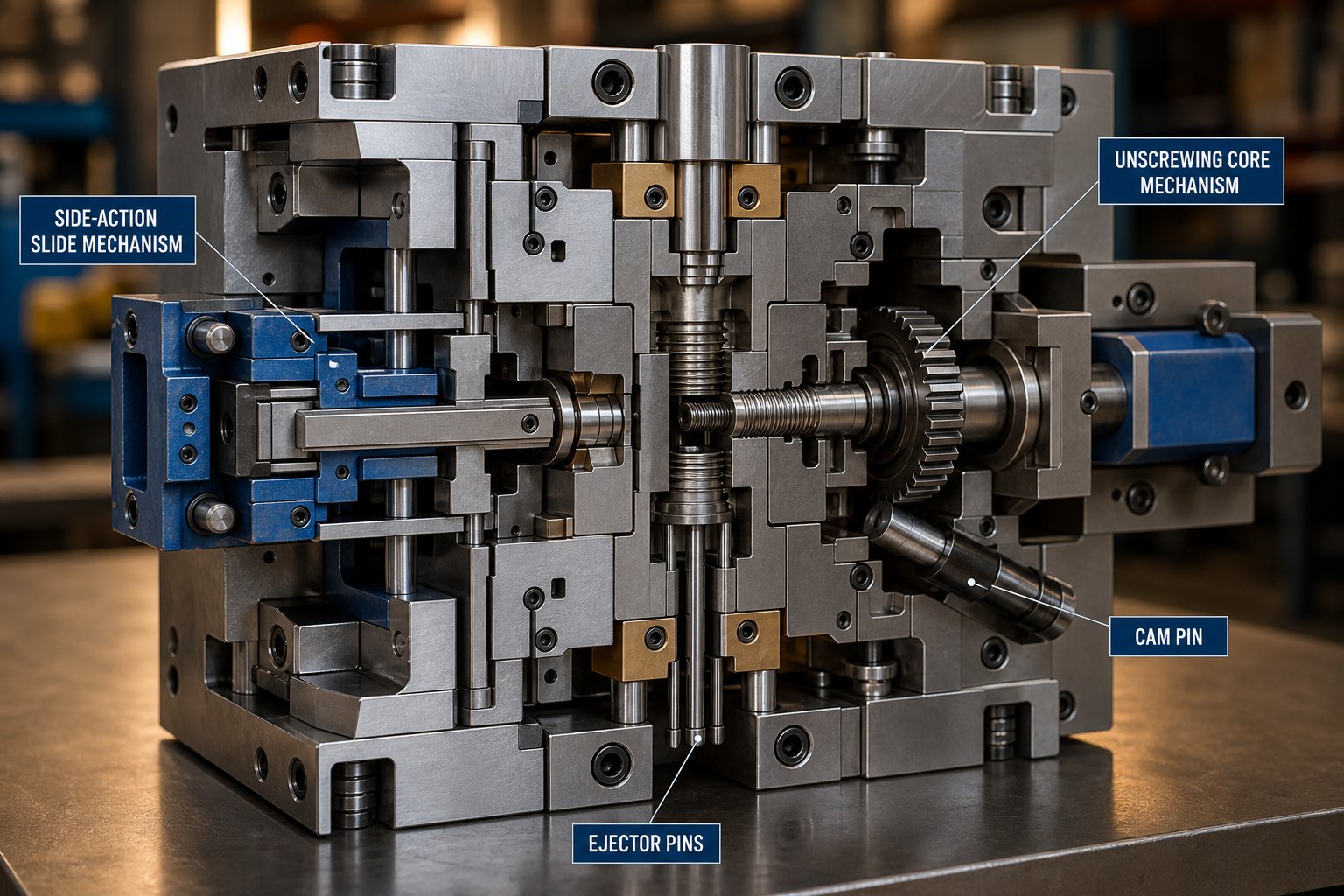 injection mold cutaway showing side action slide and screw off unscrewing mechanisms with drafted part surfaces