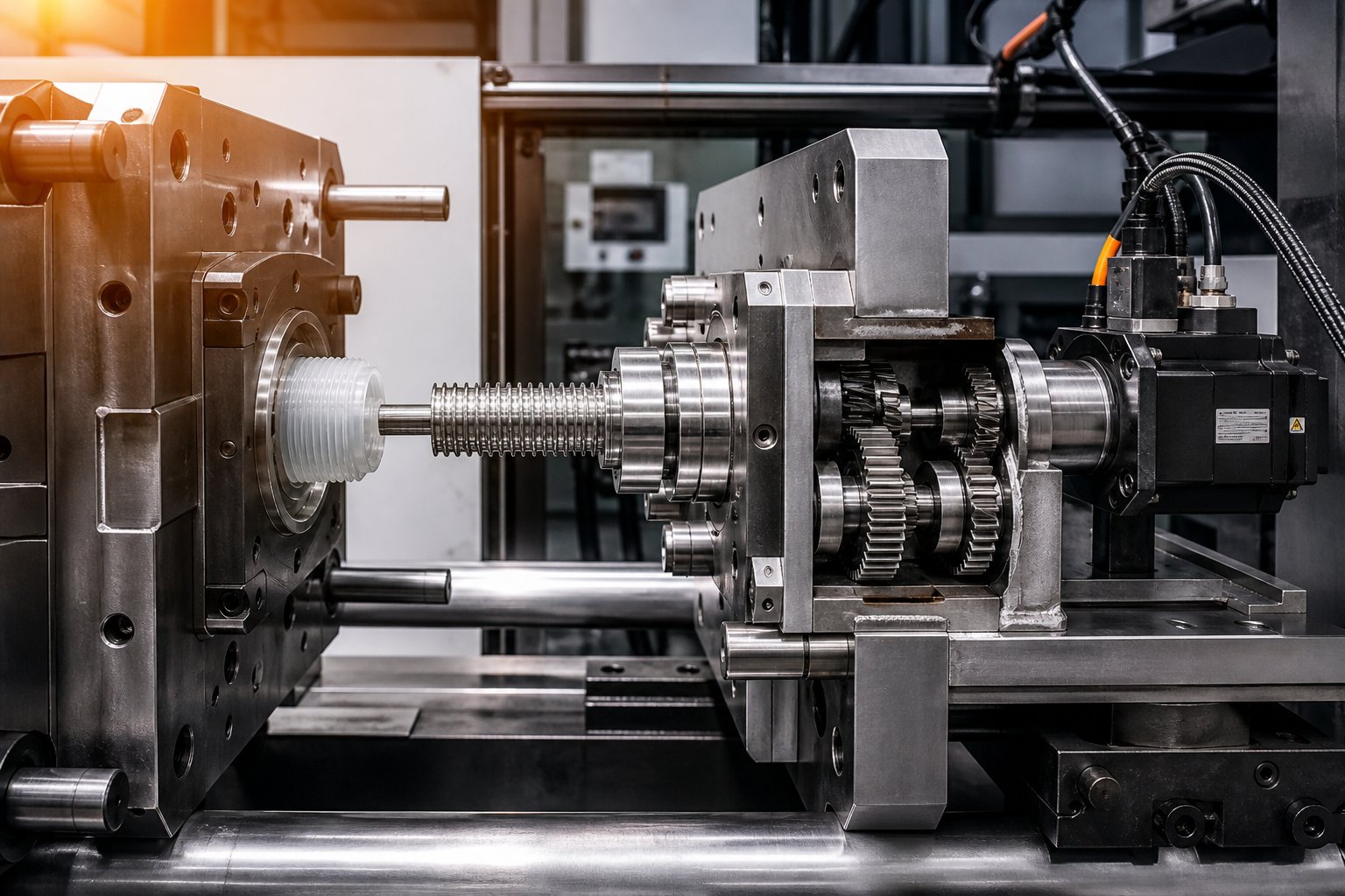 servo driven unscrewing mechanism rotating a threaded core out of a molded plastic part during mold opening