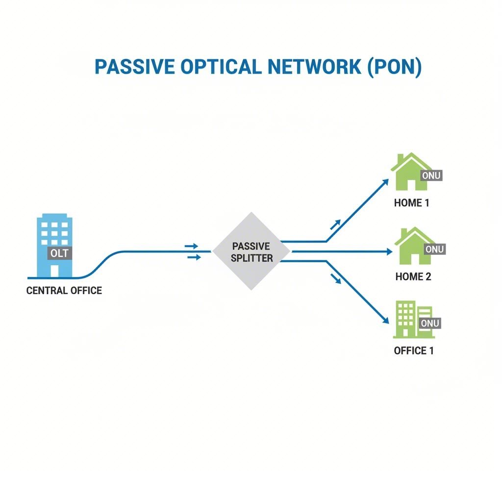 Diagram of a PON architecture showing the OLT splitter and ONUs